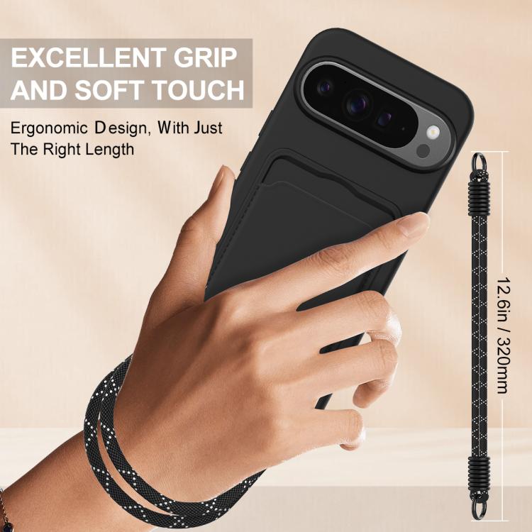 For Google Pixel 10 Pro XL Integrated Card Bag Solid Color Liquid Silicone Phone Case Gen2 with Short Lanyard(Black) - Google Cases by buy2fix | Online Shopping UK | buy2fix