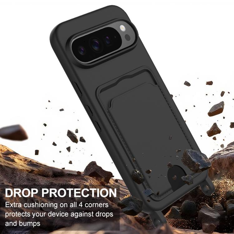 For Google Pixel 10 Pro XL Integrated Card Bag Solid Color Liquid Silicone Phone Case Gen2 with Short Lanyard(Black) - Google Cases by buy2fix | Online Shopping UK | buy2fix