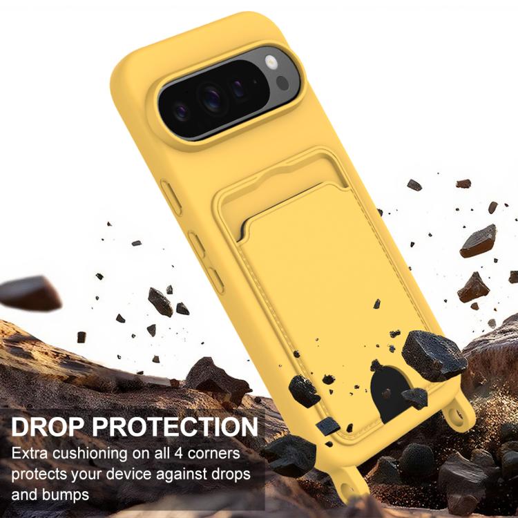For Google Pixel 10 Pro XL Integrated Card Bag Solid Color Liquid Silicone Phone Case Gen2 with Short Lanyard(Yellow) - Google Cases by buy2fix | Online Shopping UK | buy2fix