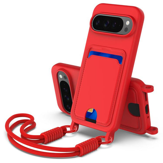 For Google Pixel 10 Pro Integrated Card Bag Solid Color Liquid Silicone Phone Case Gen2 with Short Lanyard(Red) - Google Cases by buy2fix | Online Shopping UK | buy2fix