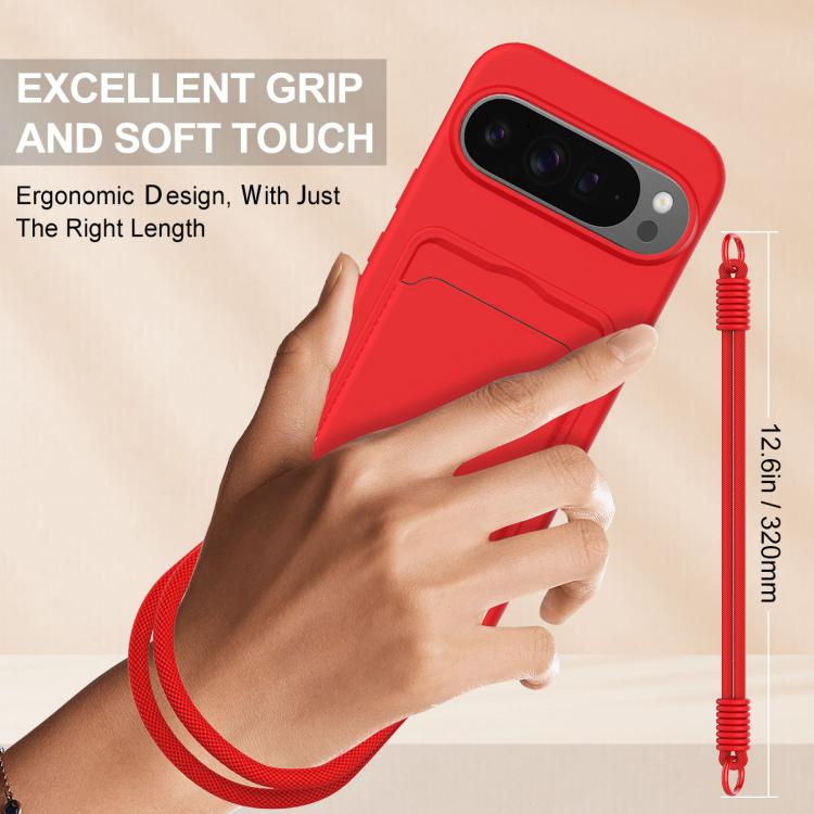 For Google Pixel 10 Pro Integrated Card Bag Solid Color Liquid Silicone Phone Case Gen2 with Short Lanyard(Red) - Google Cases by buy2fix | Online Shopping UK | buy2fix