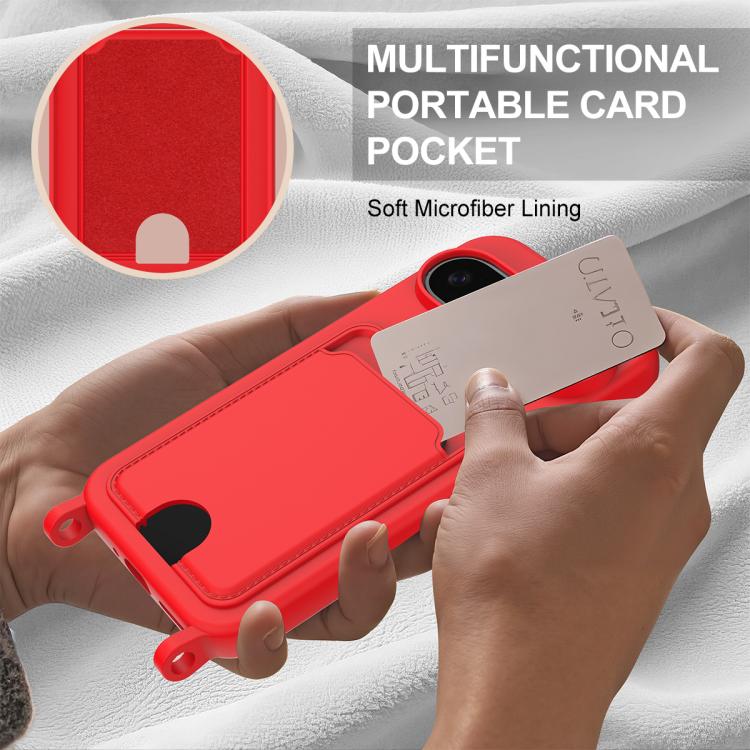 For Google Pixel 10 Pro Integrated Card Bag Solid Color Liquid Silicone Phone Case Gen2 with Short Lanyard(Red) - Google Cases by buy2fix | Online Shopping UK | buy2fix