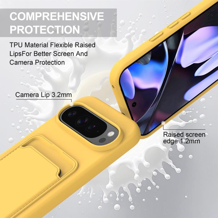 For Google Pixel 10 Pro Integrated Card Bag Solid Color Liquid Silicone Phone Case Gen2 with Short Lanyard(Yellow) - Google Cases by buy2fix | Online Shopping UK | buy2fix