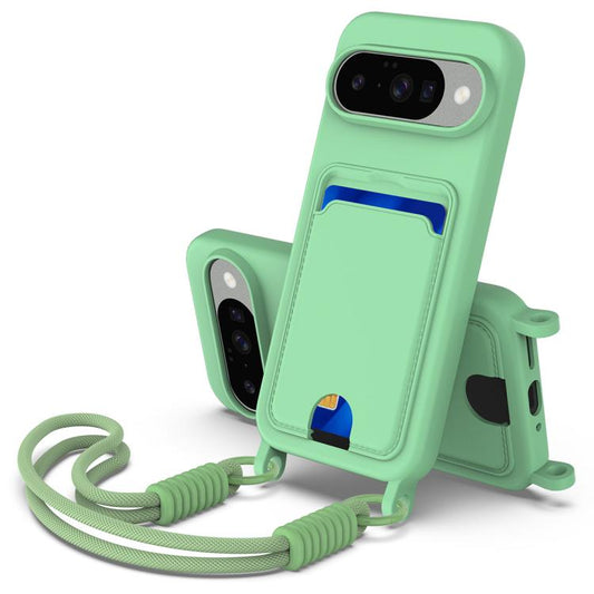For Google Pixel 10 Integrated Card Bag Solid Color Liquid Silicone Phone Case Gen2 with Short Lanyard(Green) - Google Cases by buy2fix | Online Shopping UK | buy2fix