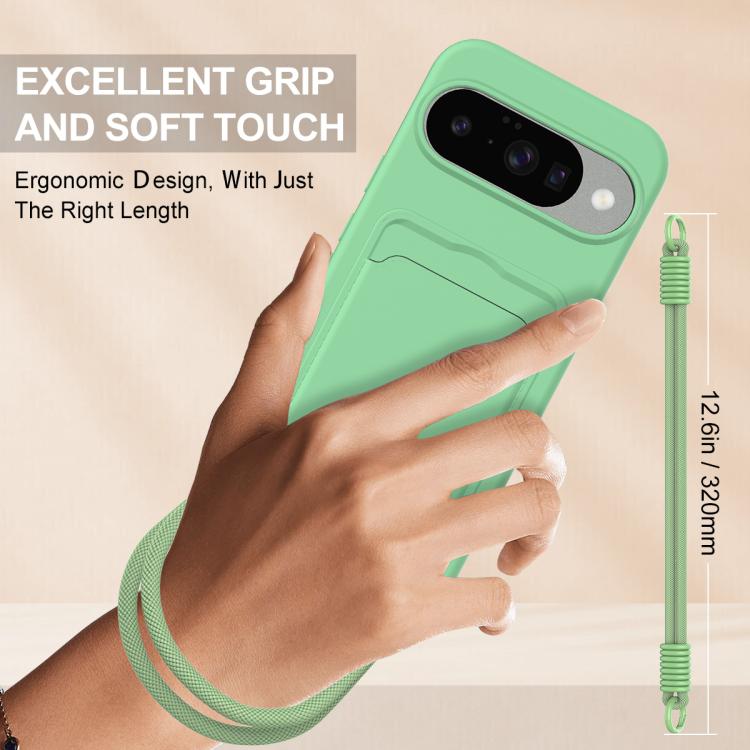 For Google Pixel 10 Integrated Card Bag Solid Color Liquid Silicone Phone Case Gen2 with Short Lanyard(Green) - Google Cases by buy2fix | Online Shopping UK | buy2fix