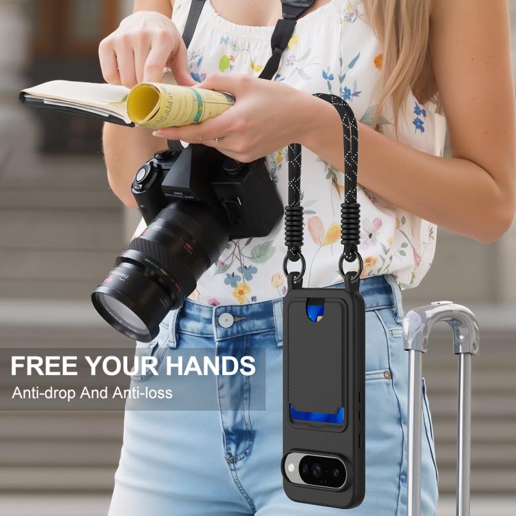 For Google Pixel 10 Integrated Card Bag Solid Color Liquid Silicone Phone Case Gen2 with Short Lanyard(Black) - Google Cases by buy2fix | Online Shopping UK | buy2fix