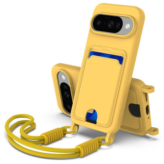 For Google Pixel 10 Integrated Card Bag Solid Color Liquid Silicone Phone Case Gen2 with Short Lanyard(Yellow) - Google Cases by buy2fix | Online Shopping UK | buy2fix