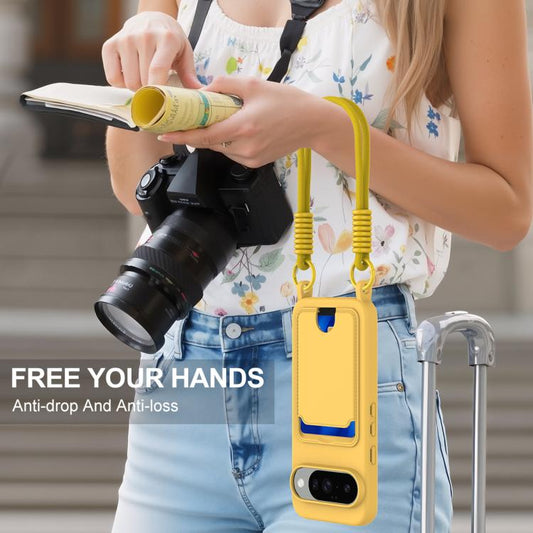 For Google Pixel 10 Integrated Card Bag Solid Color Liquid Silicone Phone Case Gen2 with Short Lanyard(Yellow) - Google Cases by buy2fix | Online Shopping UK | buy2fix