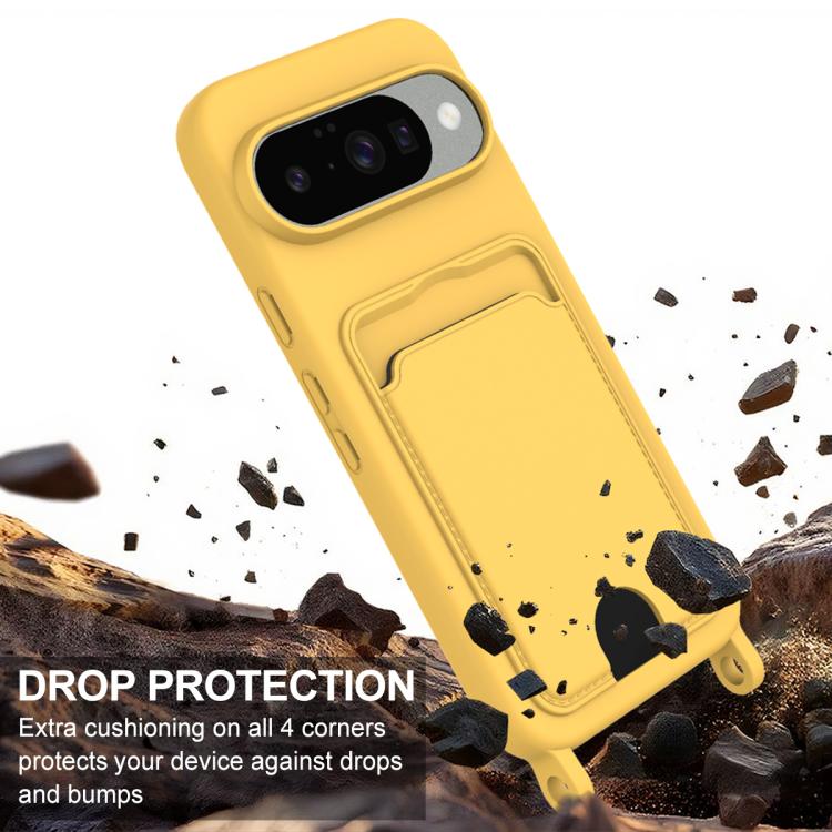 For Google Pixel 10 Integrated Card Bag Solid Color Liquid Silicone Phone Case Gen2 with Short Lanyard(Yellow) - Google Cases by buy2fix | Online Shopping UK | buy2fix