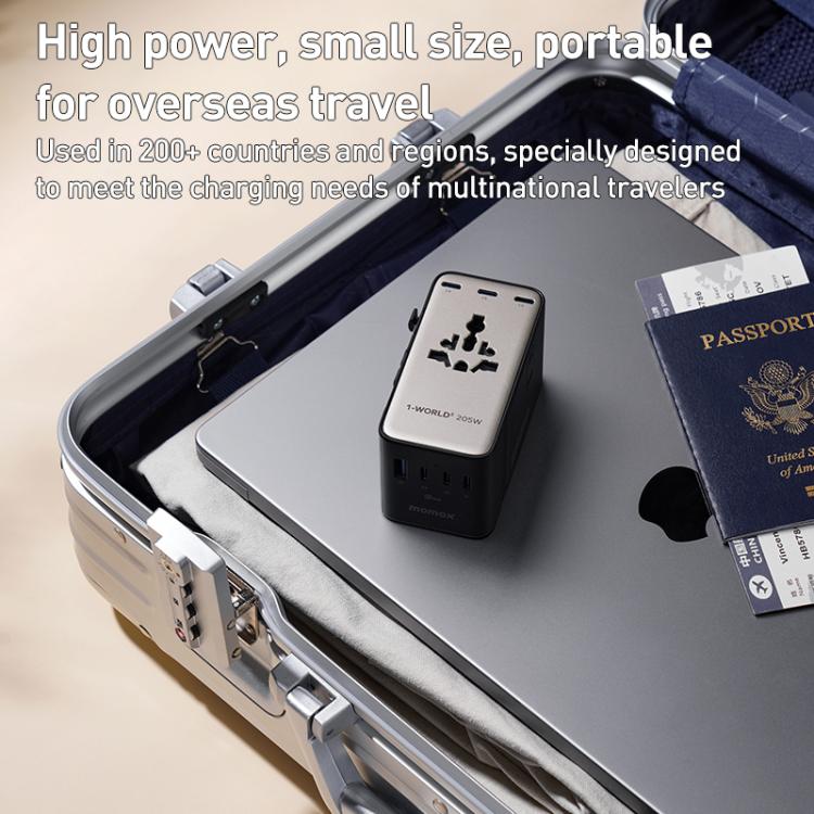 MOMAX UA28L 1-World 2 205W Dual AC 7-Port Universal Travel GaN Charger with 140W Cable(Titanium Gold) - Plug Adaptor by MOMAX | Online Shopping UK | buy2fix