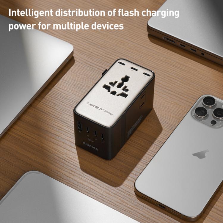 MOMAX UA28L 1-World 2 205W Dual AC 7-Port Universal Travel GaN Charger with 140W Cable(Titanium Gold) - Plug Adaptor by MOMAX | Online Shopping UK | buy2fix