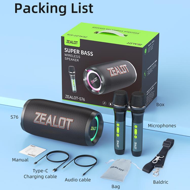 Zealot S76 50W Portable Outdoor RGB Bluetooth Speaker, Type:with 1pc Microphone(Black) - Desktop Speaker by ZEALOT | Online Shopping UK | buy2fix