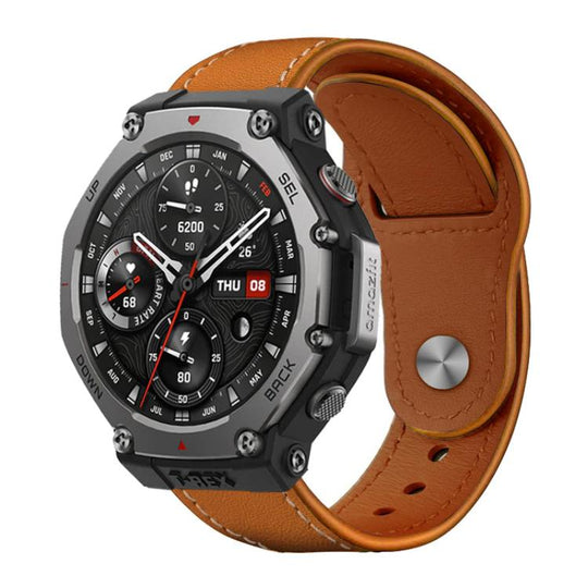 For Amazfit T-Rex 3 xDfind Rivet Buckle Genuine Leather Watch Band(Brown White Thread)