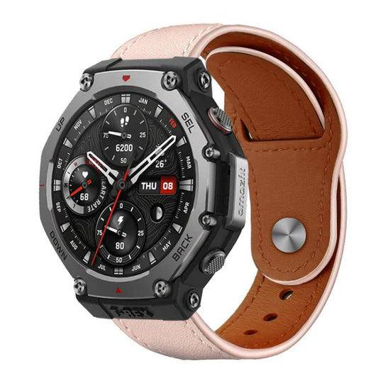 For Amazfit T-Rex 3 xDfind Rivet Buckle Genuine Leather Watch Band(Pink)