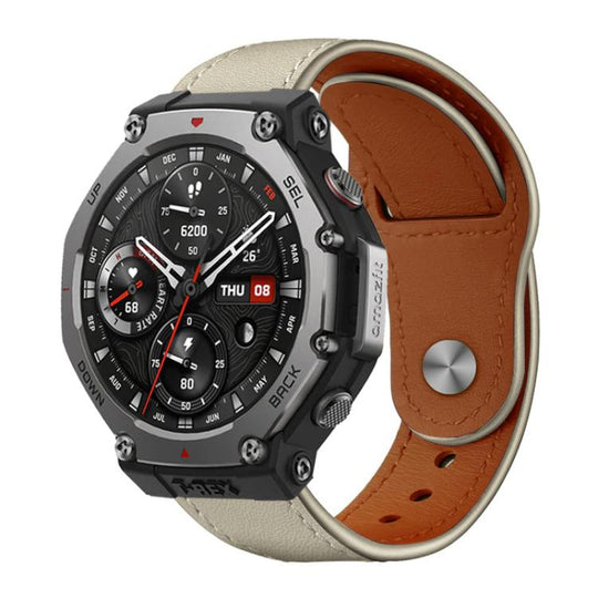 For Amazfit T-Rex 3 xDfind Rivet Buckle Genuine Leather Watch Band(Beige)