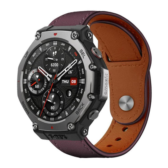 For Amazfit T-Rex 3 xDfind Rivet Buckle Genuine Leather Watch Band(Jujube Red)