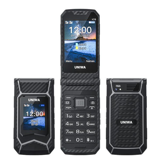UNIWA X29 Keypad Flip Rugged Phone, 2.8 inch + 1.77 inch Double Screen, MT6261D, Network: 2G, Plug:US Plug(Black Grey)