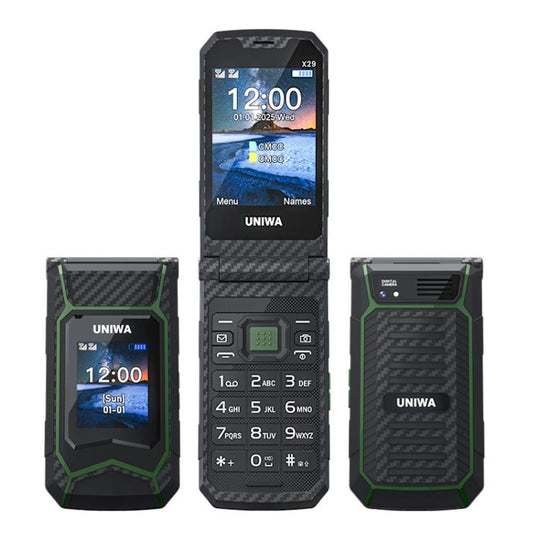 UNIWA X29 Keypad Flip Rugged Phone, 2.8 inch + 1.77 inch Double Screen, MT6261D, Network: 2G, Plug:US Plug(Black Green)