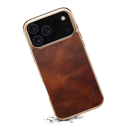 For iPhone 17 Pro Denior Oil Wax Leather Electroplating Phone Case(Brown) - iPhone 17 Pro Cases by Denior | Online Shopping UK | buy2fix