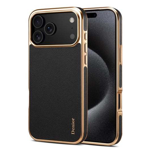 For iPhone 17 Pro Denior Cowhide Leather Plating Phone Case(Black) - iPhone 17 Pro Cases by Denior | Online Shopping UK | buy2fix