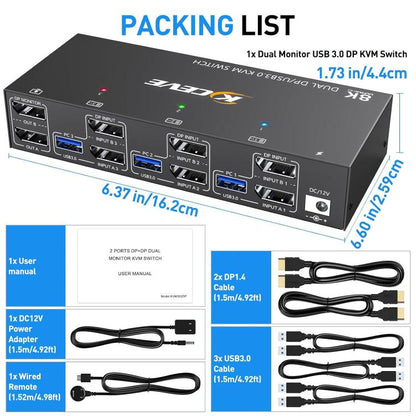 KCEVE KC-KVM302DP USB 3.0 Dual Monitor 8K 30Hz KVM Switch, Plug Type:AU Plug - Switch by buy2fix | Online Shopping UK | buy2fix