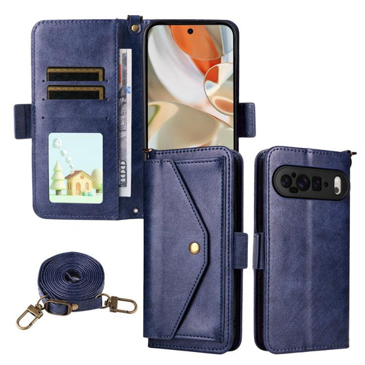 For Google Pixel 10 Pro XL / 9 Pro XL Multi-card Slots Crossbody Cowhide Leather Phone Case(Blue) - Google Cases by buy2fix | Online Shopping UK | buy2fix