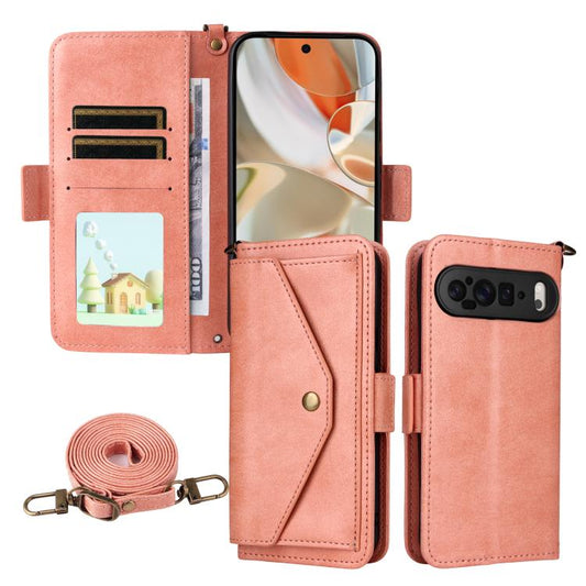 For Google Pixel 10 Pro XL / 9 Pro XL Multi-card Slots Crossbody Cowhide Leather Phone Case(Pink) - Google Cases by buy2fix | Online Shopping UK | buy2fix