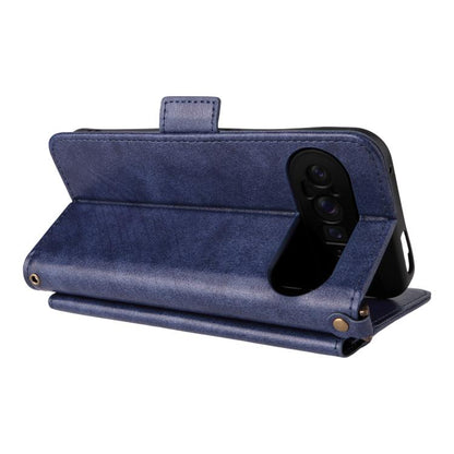 For Google Pixel 10 Pro / 10 / 9 Pro / 9 Multi-card Slots Crossbody Cowhide Leather Phone Case(Blue) - Google Cases by buy2fix | Online Shopping UK | buy2fix