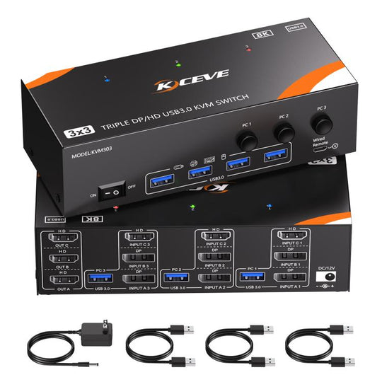 KCEVE KC-KVM303 USB 3.0 Dual Monitor 8K 60Hz KVM Switch, Plug Type:AU Plug