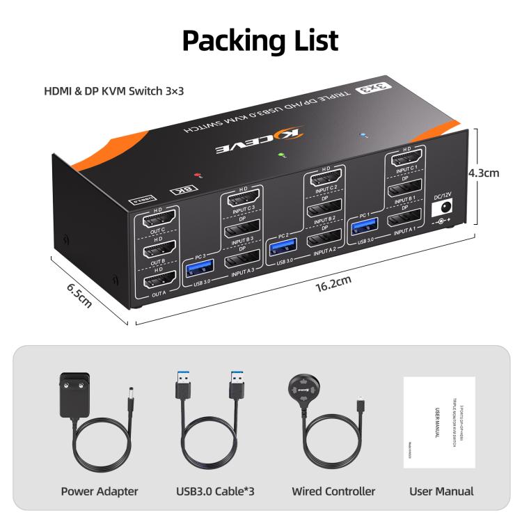 KCEVE KC-KVM303 USB 3.0 Dual Monitor 8K 60Hz KVM Switch, Plug Type:AU Plug - Switch by buy2fix | Online Shopping UK | buy2fix