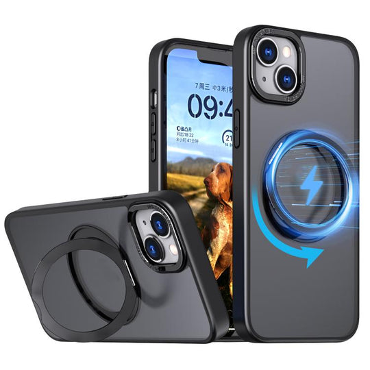 For iPhone 14 Plus kalebol MagSafe Metal Ring Holder Phone Case(Black)