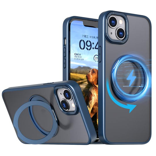 For iPhone 14 kalebol MagSafe Metal Ring Holder Phone Case(Blue)