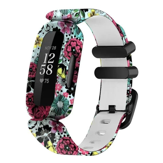 For Fitbit Ace 3 / Inspire2 xDfind Black Buckle Painting Integrated Silicone Watch Band(Classic Flower)