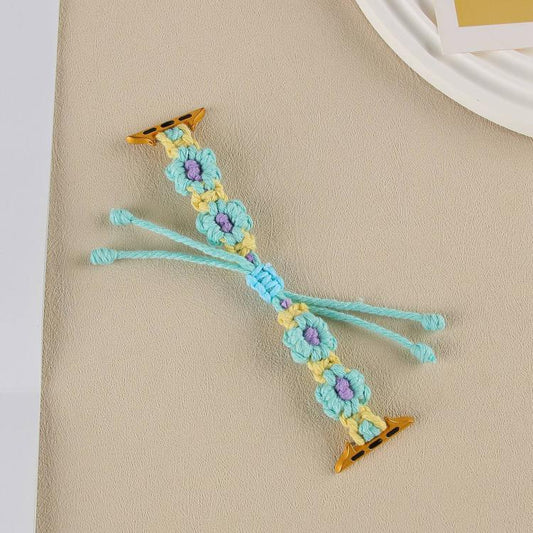For Apple Watch 46mm / 49mm / 45mm / 44mm Hemp Rope Woven Flowers Drawstring Watch Band(Teal Green) - Watch Bands by buy2fix | Online Shopping UK | buy2fix