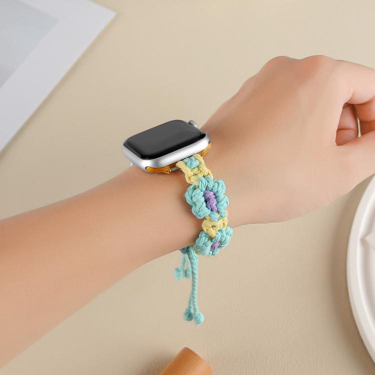 For Apple Watch 46mm / 49mm / 45mm / 44mm Hemp Rope Woven Flowers Drawstring Watch Band(Teal Green) - Watch Bands by buy2fix | Online Shopping UK | buy2fix