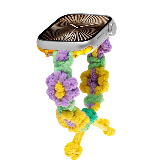 For Apple Watch 46mm / 49mm / 45mm / 44mm Hemp Rope Woven Flowers Drawstring Watch Band(Purple Yellow) - Watch Bands by buy2fix | Online Shopping UK | buy2fix