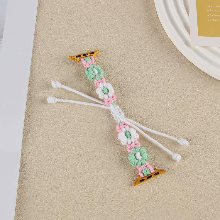 For Apple Watch 42mm / 41mm / 40mm / 38mm Hemp Rope Woven Flowers Drawstring Watch Band(Green White) - Watch Bands by buy2fix | Online Shopping UK | buy2fix