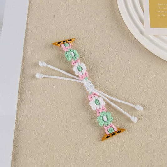 For Apple Watch 42mm / 41mm / 40mm / 38mm Hemp Rope Woven Flowers Drawstring Watch Band(Green White) - Watch Bands by buy2fix | Online Shopping UK | buy2fix