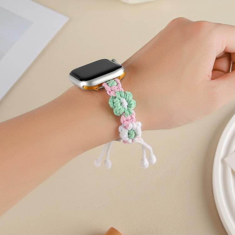 For Apple Watch 42mm / 41mm / 40mm / 38mm Hemp Rope Woven Flowers Drawstring Watch Band(Green White) - Watch Bands by buy2fix | Online Shopping UK | buy2fix