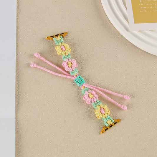 For Apple Watch 42mm / 41mm / 40mm / 38mm Hemp Rope Woven Flowers Drawstring Watch Band(Yellow Pink) - Watch Bands by buy2fix | Online Shopping UK | buy2fix