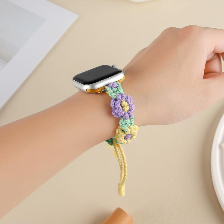 For Apple Watch 42mm / 41mm / 40mm / 38mm Hemp Rope Woven Flowers Drawstring Watch Band(Purple Yellow) - Watch Bands by buy2fix | Online Shopping UK | buy2fix