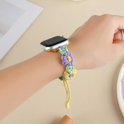 For Apple Watch 42mm / 41mm / 40mm / 38mm Hemp Rope Woven Flowers Drawstring Watch Band(Purple Yellow) - Watch Bands by buy2fix | Online Shopping UK | buy2fix