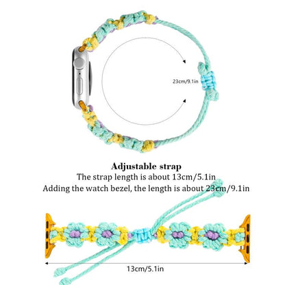 For Apple Watch 42mm / 41mm / 40mm / 38mm Hemp Rope Woven Flowers Drawstring Watch Band(Green White) - Watch Bands by buy2fix | Online Shopping UK | buy2fix