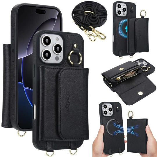 For iPhone 16 Pro Max AwQuer 2 in 1 Crossbody Wallet Leather Back Phone Case(Black)