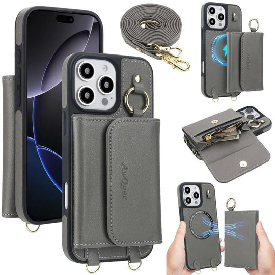 For iPhone 16 Pro Max AwQuer 2 in 1 Crossbody Wallet Leather Back Phone Case(Grey)