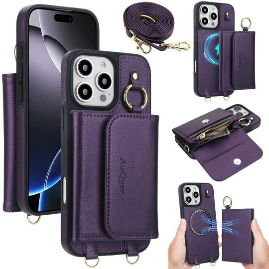 For iPhone 16 Pro Max AwQuer 2 in 1 Crossbody Wallet Leather Back Phone Case(Dark Purple)