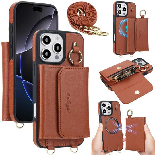 For iPhone 16 Pro Max AwQuer 2 in 1 Crossbody Wallet Leather Back Phone Case(Brown)