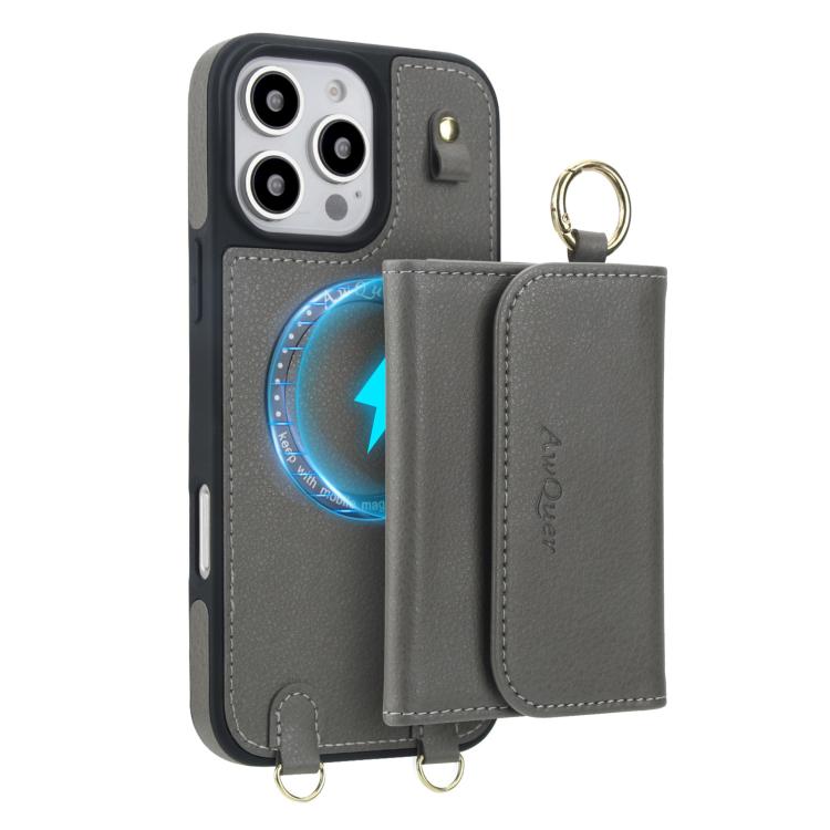 For iPhone 16 Pro AwQuer 2 in 1 Crossbody Wallet Leather Back Phone Case(Grey) - iPhone 16 Pro Cases by Awquer | Online Shopping UK | buy2fix