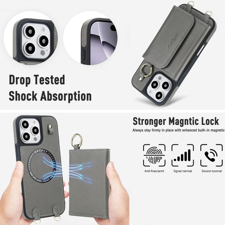 For iPhone 16 Pro AwQuer 2 in 1 Crossbody Wallet Leather Back Phone Case(Grey) - iPhone 16 Pro Cases by Awquer | Online Shopping UK | buy2fix
