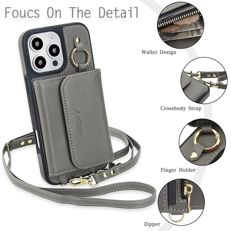For iPhone 16 Pro AwQuer 2 in 1 Crossbody Wallet Leather Back Phone Case(Grey) - iPhone 16 Pro Cases by Awquer | Online Shopping UK | buy2fix